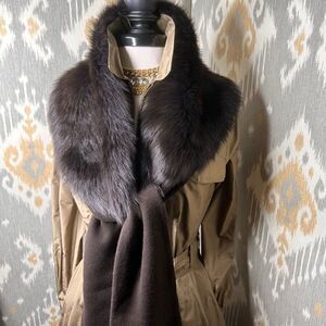 Ralph Lauren Espresso Brown Italian Shearling & Cashmere Blend Knit Scarf